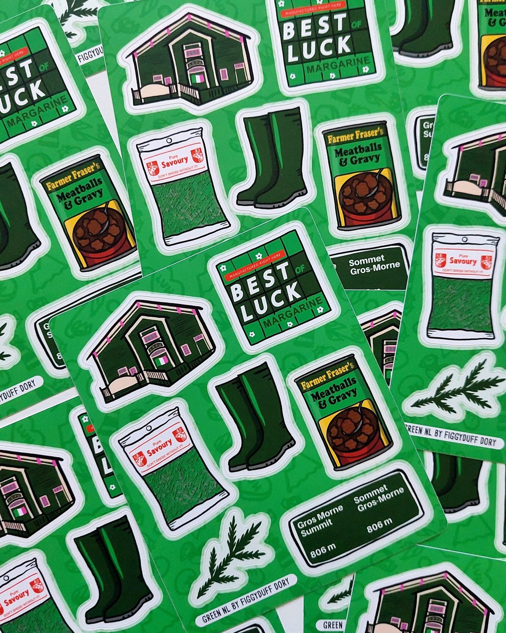 Collection of green and white stickers with various designs on a green background